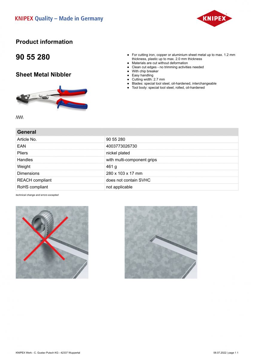 Kìm Cắt Rãnh Kim Loại Nibbler KNIPEX 90 55 280